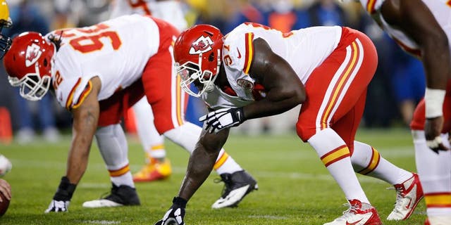 GREEN BAY, WI - SEPTEMBER 28: Allen Bailey #97 of the Kansas City Chiefs lines up against the Green Bay Packers during a game at Lambeau Field on September 28, 2015 in Green Bay, Wisconsin. The Packers defeated the Chiefs 38-28. (Photo by Joe Robbins/Getty Images)