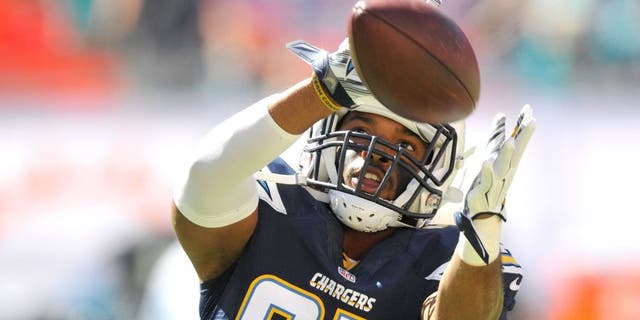 Nov 2, 2014; Miami Gardens, FL, USA; San Diego Chargers safety Adrian Phillips (27) catches the ball prior to the game against the Miami Dolphins at Sun Life Stadium. Mandatory Credit: Brad Barr-USA TODAY Sports