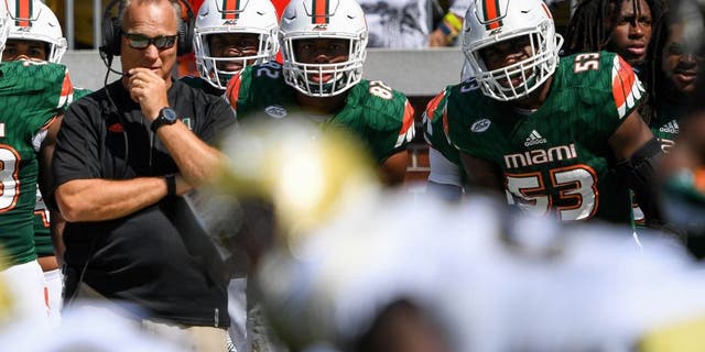 Oct 1, 2016; Atlanta, GA, USA; Miami Hurricanes head coach Mark Richt looks on during the third quarter against the Georgia Tech Yellow Jackets of the game at Bobby Dodd Stadium. Mandatory Credit: Shanna Lockwood-USA TODAY Sports