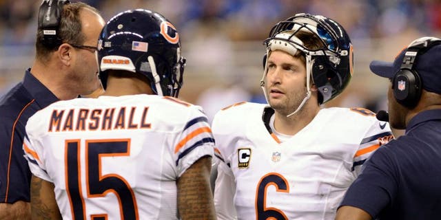 DETROIT, MI - DECEMBER 30: Brandon Marshall #15 and Jay Cutler #6 of the Chicago Bears talk with coaches on the sidelines during the game against the Detroit Lions at Ford Field on December 30, 2012 in Detroit, Michigan. The Bears defeated the Lions 26-24. (Photo by Mark Cunningham/Detroit Lions/Getty Images)