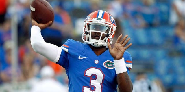 Oct 18, 2014; Gainesville, FL, USA; Florida Gators quarterback Treon Harris (3) works out prior to the game against the Missouri Tigers at Ben Hill Griffin Stadium. Mandatory Credit: Kim Klement-USA TODAY Sports