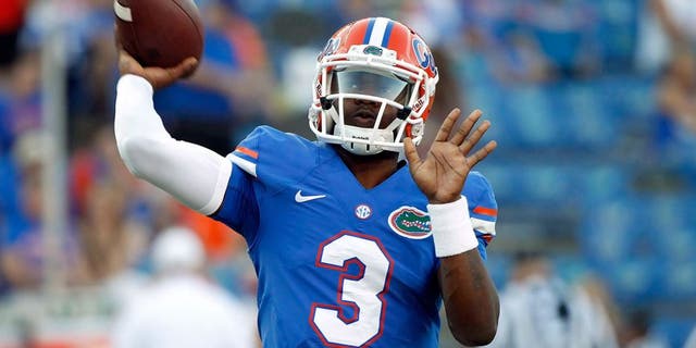 Oct 18, 2014; Gainesville, FL, USA; Florida Gators quarterback Treon Harris (3) works out prior to the game against the Missouri Tigers at Ben Hill Griffin Stadium. Mandatory Credit: Kim Klement-USA TODAY Sports
