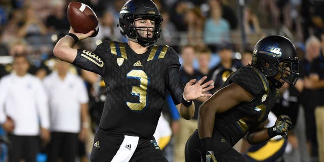 Oct 22, 2015; Pasadena, CA, USA; UCLA Bruins quarterback Josh Rosen (3) passes against the California Golden Bears during the first quarter at Rose Bowl. Mandatory Credit: Richard Mackson-USA TODAY Sports