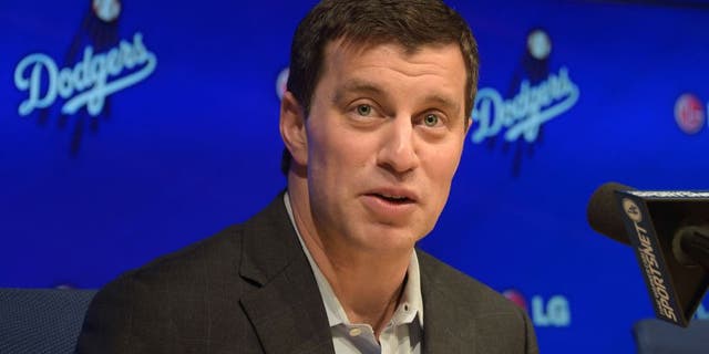 Oct 17, 2014; Los Angeles, CA, USA; Andrew Friedman is introduced as Los Angeles Dodgers president of baseball operations at press conference at Dodger Stadium. Mandatory Credit: Kirby Lee-USA TODAY Sports