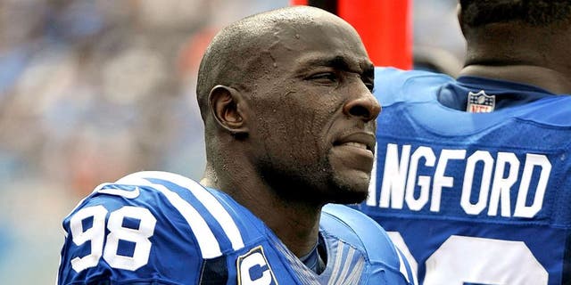 NASHVILLE, TN - SEPTEMBER 27: Robert Mathis #98 of the Indianapolis Colts watches from the sideline during a game against the Tennessee Titans at Nissan Stadium on September 27, 2015 in Nashville, Tennessee. (Photo by Frederick Breedon/Getty Images)