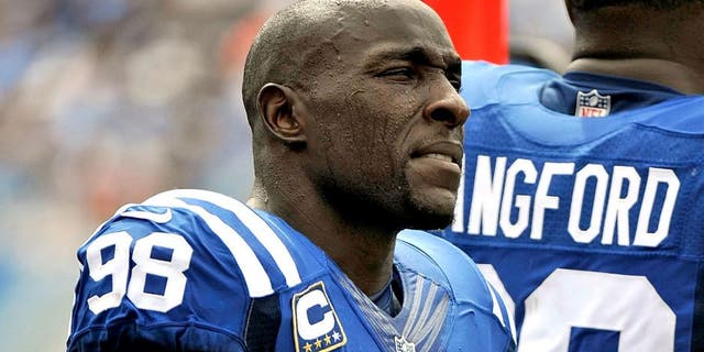 NASHVILLE, TN - SEPTEMBER 27: Robert Mathis #98 of the Indianapolis Colts watches from the sideline during a game against the Tennessee Titans at Nissan Stadium on September 27, 2015 in Nashville, Tennessee. (Photo by Frederick Breedon/Getty Images)