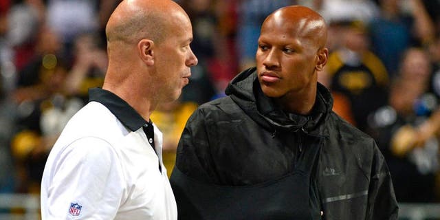 Sep 27, 2015; St. Louis, MO, USA; Pittsburgh Steelers inside linebacker Ryan Shazier (50) talks with a staff member before a game against the St. Louis Rams at the Edward Jones Dome. Steelers defeated the Rams 12-6. Mandatory Credit: Jeff Curry-USA TODAY Sports