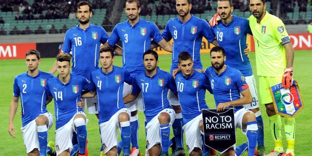 Italy's national team players (top, from left to right) Marco Parolo, Giorgio Chiellini, Graziano Pelle, Leonardo Bonucci, Gianluigi Buffon and (lower, from left to right) Mattia De Sciglio, Stephan El Shaarawy, Matteo Darmian, Eder, Marco Verratti, Antonio Candreva pose before qualifying football match (group H) Euro 2016 against Azerbaijan on October 10, 2015 at the Baku Olympia stadium in Baku. AFP PHOTO / VANO SHLAMOV (Photo credit should read VANO SHLAMOV/AFP/Getty Images)