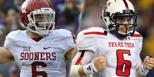 Quarterback Baker Mayfield #6 of the Oklahoma Sooners passes the ball against the Kansas State Wildcats during the first half on October 17, 2015 at Bill Snyder Family Stadium in Manhattan, Kansas. (Photo by Peter G. Aiken/Getty Images) Baker Mayfield #6 of the Texas Tech Red Raiders celebrates his second touchdown pass against the Baylor Bears at AT&T Stadium on November 16, 2013 in Arlington, Texas. (Photo by Ronald Martinez/Getty Images)