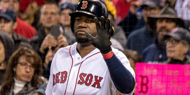 BOSTON, MA - OCTOBER 10: David Ortiz #34 of the Boston Red Sox reacts on deck before the final at bat of his career during the eighth inning of game three of the American League Division Series against the Cleveland Indians on October 10, 2016 at Fenway Park in Boston, Massachusetts. (Photo by Billie Weiss/Boston Red Sox/Getty Images) *** Local Caption *** David Ortiz