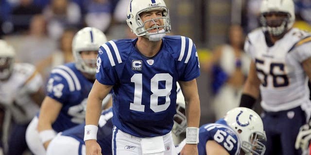 INDIANAPOLIS - JANUARY 13: Peyton Manning #18 of the Indianapolis Colts calls out signals at the line of scrimmage against the San Diego Chargers during their AFC Divisional Playoff game at the RCA Dome on January 13, 2008 in Indianapolis, Indiana. The Chargers won 28-24. (Photo by Streeter Lecka/Getty Images)