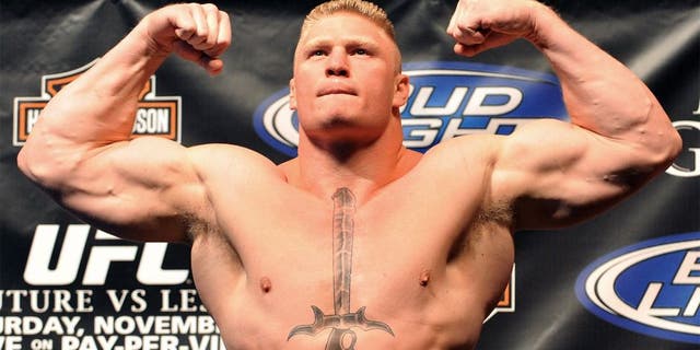 LAS VEGAS - NOVEMBER 14: Brock Lesnar attends the weigh-in for UFC 91: Couture vs. Lesnar at the MGM Grand Hotel on November 14, 2008 in Las Vegas, Nevada. (Photo by Jon Kopaloff/Getty Images) *** Local Caption *** Brock Lesnar