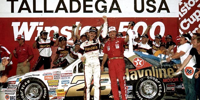 TALLADEGA, AL - MAY 3, 1987: Davey Allison and his crew celebrate in victory lane following their win in the Winston 500 at Alabama International Motor Speedway. It was Allisonâs first career NASCAR Cup victory. (Photo by ISC Images &amp; Archives via Getty Images)