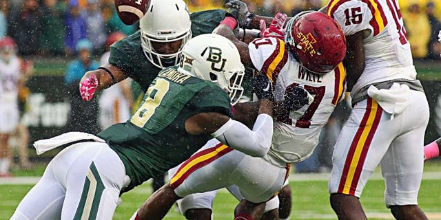 Oct 24, 2015; Waco, TX, USA; Baylor Bears Ishmael Zamora (8) forces the fumble on the kick return by Iowa State Cyclones defensive back Jomal Wiltz (17) on during the first quarter at McLane Stadium. Mandatory Credit: Ray Carlin-USA TODAY Sports