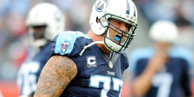 Tennessee Titans offensive tackle Taylor Lewan celebrates after a first down run against the Atlanta Falcons at Nissan Stadium in Nashville on Oct. 25, 2015.