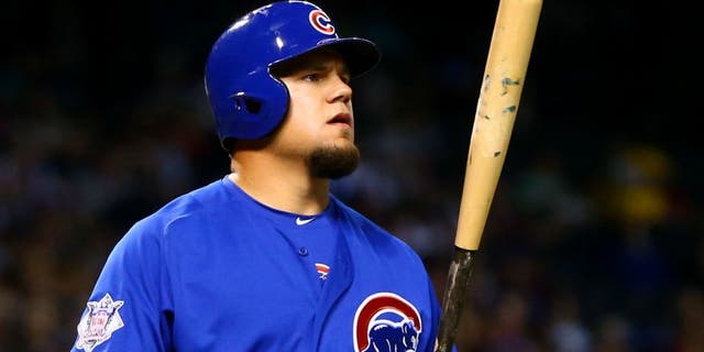 Apr 7, 2016; Phoenix, AZ, USA; Chicago Cubs outfielder Kyle Schwarber against the Arizona Diamondbacks at Chase Field. Mandatory Credit: Mark J. Rebilas-USA TODAY Sports