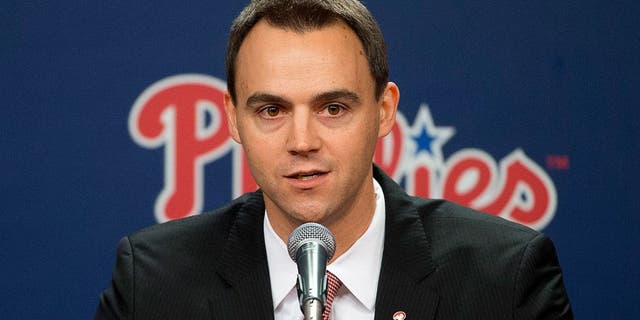 Philadelphia Phillies incoming general manager and vice president Matt Klentak speaks during a news conference Monday, Oct. 26, 2015, in Philadelphia. The 35-year-old Klentak becomes the youngest GM in team history. He had been the Angels assistant GM since November 2011. (AP Photo/Matt Rourke)