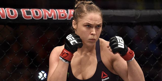 RIO DE JANEIRO, BRAZIL - AUGUST 01: Ronda Rousey of the United States looks on prior to her bantamweight title fight Bethe Correia of Brazil during the UFC 190 Rousey v Correia at HSBC Arena on August 1, 2015 in Rio de Janeiro, Brazil. (Photo by Buda Mendes/Zuffa LLC/Zuffa LLC via Getty Images)