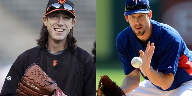 Tim Lincecum of the San Francisco Giants, left, faces Cliff Lee of the Texas Rangers in Game 1 of the World Series.