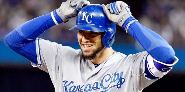 The Kansas City Royals' Paulo Orlando celebrates after hitting a single to load the bases in the eighth inning against the Toronto Blue Jays during Game 4 of the ALCS on Tuesday, Oct. 20, 2015, at Rogers Centre in Toronto. (John Sleezer/Kansas City Star/TNS via Getty Images)