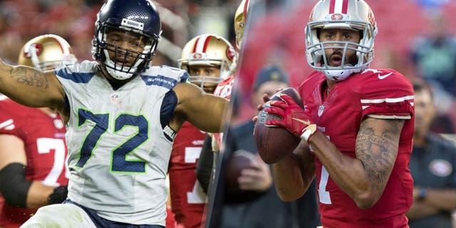 Oct 22, 2015; Santa Clara, CA, USA; Seattle Seahawks defensive end Michael Bennett (72) celebrates after a sack against the San Francisco 49ers during the fourth quarter at Levi's Stadium. The Seattle Seahawks defeated the San Francisco 49ers 20-3. Mandatory Credit: Kelley L Cox-USA TODAY Sports Oct 22, 2015; Santa Clara, CA, USA; San Francisco 49ers quarterback Colin Kaepernick (7) warms up before the game against the Seattle Seahawks at Levi's Stadium. Mandatory Credit: Kelley L Cox-USA TODAY Sports