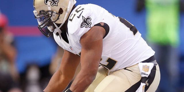 INDIANAPOLIS, IN - OCTOBER Mark Ingram #22 of the New Orleans Saints celebrates after a touchdown against the Indianapolis Colts in the second half of the game at Lucas Oil Stadium on October 25, 2015 in Indianapolis, Indiana. (Photo by Joe Robbins/Getty Images)