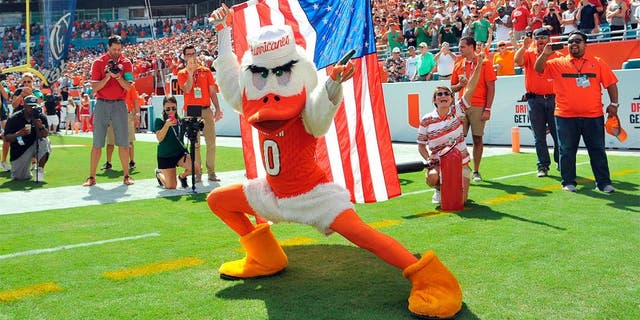 Sep 19, 2015; Miami Gardens, FL, USA; Miami Hurricanes mascot Sebastian carries the American flag before a game against Nebraska Cornhuskers at Sun Life Stadium. Miami won 36-33. Mandatory Credit: Steve Mitchell-USA TODAY Sports