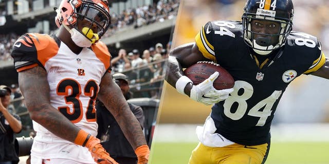 Jeremy Hill #32 of the Cincinnati Bengals celebrates his touchdown during the first half of their NFL game at O.co Coliseum on September 13, 2015 in Oakland, California. (Photo by Thearon W. Henderson/Getty Images) Pittsburgh Steelers wide receiver Antonio Brown (84) runs after a pass reception against the Cleveland Browns during the second quarter at Heinz Field. Mandatory Credit: Charles LeClaire-USA TODAY Sports
