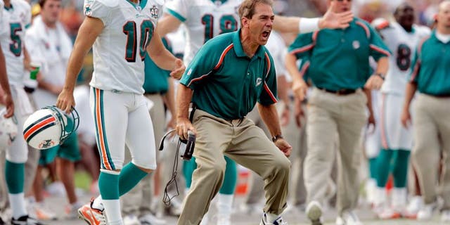 FILE - Nick Saban head coach of the Miami Dolphins argues a pass interference call against his team against the New England Patriots at Dolphins Stadium on November 13, 2005 in Miami, Florida. (Photo by Joe Robbins/Getty Images)