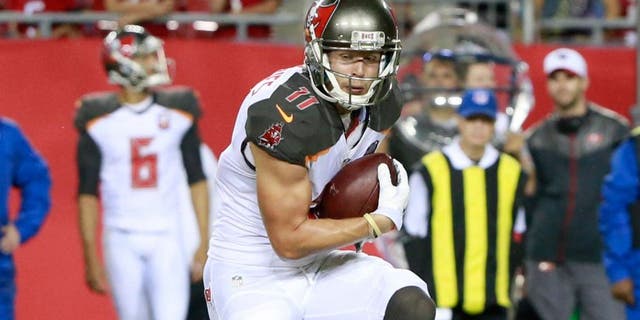 Aug 29, 2015; Tampa, FL, USA; Tampa Bay Buccaneers wide receiver Adam Humphries (11) runs with the ball against the Cleveland Browns during the second half at Raymond James Stadium. Cleveland Browns defeated the Tampa Bay Buccaneers 31-7. Mandatory Credit: Kim Klement-USA TODAY Sports