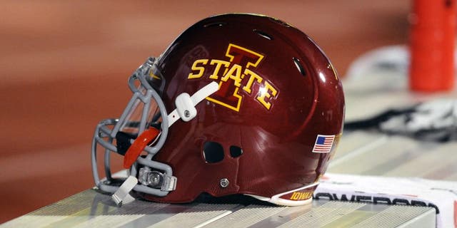 Nov 17, 2012; Lawrence, KS, USA; An Iowa State Cyclones helmet on the bench against the Kansas Jayhawks in the second half at Memorial Stadium. Iowa State won the game 51-23. Mandatory Credit: John Rieger-USA TODAY Sports