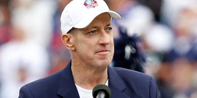 Sep 14, 2014; Orchard Park, NY, USA; Former Buffalo Bills quarterback Jim Kelly gives a speech during a tribute to Ralph Wilson before the game between the Buffalo Bills and the Miami Dolphins at Ralph Wilson Stadium. Mandatory Credit: Kevin Hoffman-USA TODAY Sports