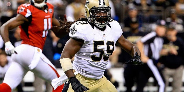 Oct 15, 2015; New Orleans, LA, USA; New Orleans Saints linebacker Dannell Ellerbe (59) against the Atlanta Falcons during the second half of a game at the Mercedes-Benz Superdome. The Saints defeated the Falcons 31-21. Mandatory Credit: Derick E. Hingle-USA TODAY Sports