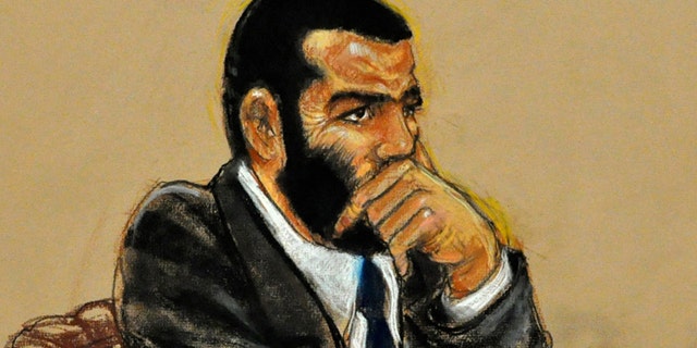 Oct. 30: In this photo of a sketch by courtroom artist Janet Hamlin and reviewed by the U.S. Department of Defense, Canadian detainee Omar Khadr listens to closing arguments on his sentence trial at Camp Justice on Guantanamo Bay U.S. Naval Base in Cuba.