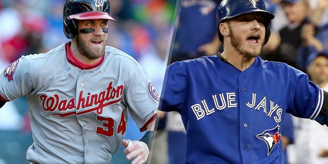 NEW YORK, NY - OCTOBER 04: Bryce Harper #34 of the Washington Nationals tries to beat the ball to first base in the seventh inning against the New York Mets on October 4, 2015 at Citi Field in the Flushing neighborhood of the Queens borough of New York City. (Photo by Elsa/Getty Images) TORONTO, ON - OCTOBER 19: Josh Donaldson #20 of the Toronto Blue Jays celebrates after hitting a two-run home run in the third inning against the Kansas City Royals during game three of the American League Championship Series at Rogers Centre on October 19, 2015 in Toronto, Canada. (Photo by Tom Szczerbowski/Getty Images)