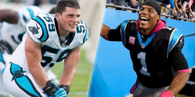 Aug 22, 2015; Charlotte, NC, USA; Carolina Panthers middle linebacker Luke Kuechly (59) stretches prior to the game against the Miami Dolphins at Bank of America Stadium. Mandatory Credit: Jeremy Brevard-USA TODAY Sports Oct 25, 2015; Charlotte, NC, USA; Carolina Panthers quarterback Cam Newton (1) with fans after the game. The Panthers defeated the Falcons 27-16 at Bank of America Stadium. Mandatory Credit: Bob Donnan-USA TODAY Sports