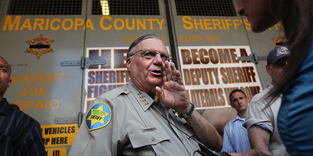 PHOENIX - JULY 29: Maricopa County Sheriff Joe Arpaio speaks to the media in front of his county jail on July 29, 2010 in Phoenix, Arizona, the day Arizona's immigration enforcement law SB 1070 went into effect. Although U.S. District Court Judge Susan Bolton suspended several controversial provisions of the law the previous day, Arpaio said he did not need the law in order to detain undocumented immigrants during his planned crime sweep in Phoenix. (Photo by John Moore/Getty Images)