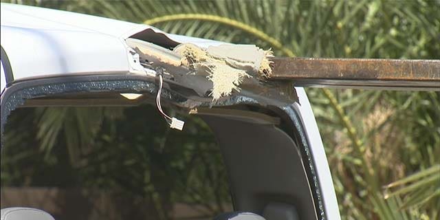 A steel beam pierced Ben Pinegar's pickup truck.