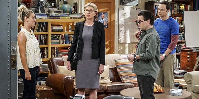 Pictured: Penny (Kaley Cuoco), Beverly (Christine Baranski), Leonard Hofstadter (Johnny Galecki), and Sheldon Cooper (Jim Parsons).