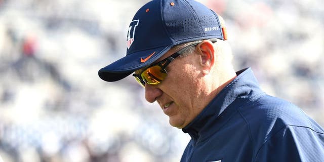 Oct 31, 2015; University Park, PA, USA; Illinois Fighting Illini head coach Bill Cubit walks on the field prior to the game against the Penn State Nittany Lions at Beaver Stadium. Mandatory Credit: Rich Barnes-USA TODAY Sports