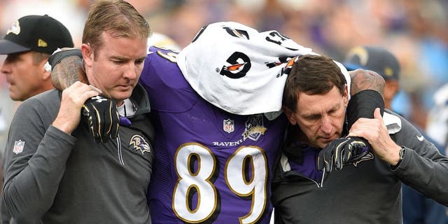 Baltimore Ravens wide receiver Steve Smith (89) is helped off the field after an injury during the second half of an NFL football game against the San Diego Chargers in Baltimore, Sunday, Nov. 1, 2015. (AP Photo/Nick Wass)