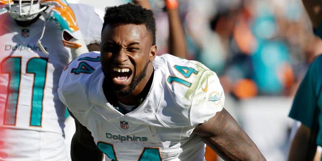 Miami Dolphins wide receiver Jarvis Landry (14) reacts after officials reversed a call and ruled that Landry scored a touchdown during the second half of an NFL football game against the San Diego Chargers, Sunday, Nov. 2, 2014, in Miami Gardens, Fla. (AP Photo/Lynne Sladky)