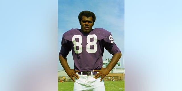 This 1973 photo shows Minnesota Vikings football player Alan Page. From the NBA's Chris Dudley and Shawn Bradley to the NFL's Alan Page, Heath Shuler and Jon Runyan to pro wrestling's Linda McMahon, some two dozen sports figures are up for election. (AP Photo/File)