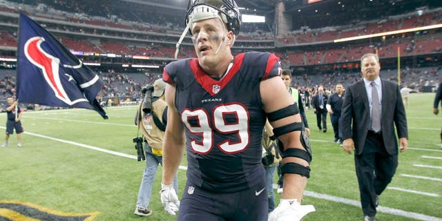 Nov 1, 2015; Houston, TX, USA; Houston Texans defensive end J.J. Watt (99) leaves the field after beating the Tennessee Titans 20-6 at NRG Stadium. Mandatory Credit: Erich Schlegel-USA TODAY Sports