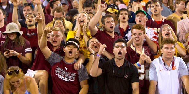 Oct 17, 2015; Clemson, SC, USA; Boston College Eagles fans cheer during the first quarter against the Clemson Tigers at Clemson Memorial Stadium. Mandatory Credit: Joshua S. Kelly-USA TODAY Sports