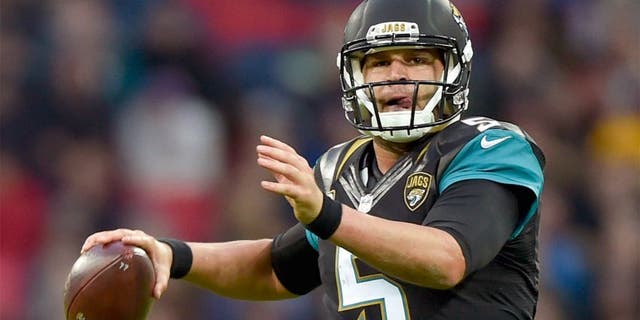 Oct 25, 2015; London, United Kingdom; Jacksonville Jaguars quarterback Blake Bortles (5) during the second half of the game Jacksonville Jaguars and the Buffalo Bills at Wembley Stadium. Mandatory Credit: Steve Flynn-USA TODAY Sports