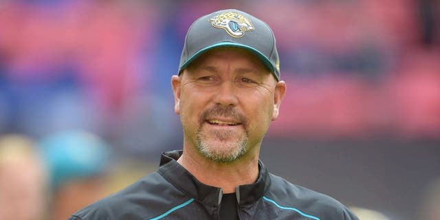 Oct 25, 2015; London, United Kingdom; Jacksonville Jaguars coach Gus Bradley reacts against the Buffalo Bills during NFL International Series game at Wembley Stadium. Mandatory Credit: Kirby Lee-USA TODAY Sports