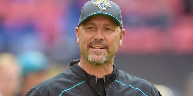 Oct 25, 2015; London, United Kingdom; Jacksonville Jaguars coach Gus Bradley reacts against the Buffalo Bills during NFL International Series game at Wembley Stadium. Mandatory Credit: Kirby Lee-USA TODAY Sports