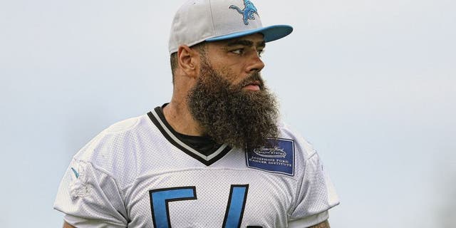ALLEN PARK, MI - AUGUST 8: DeAndre Levy #54 of the Detroit Lions watches the action during training camp on August 8, 2015 at the Detroit Lions Training Center in Allen Park, Michigan. (Photo by Leon Halip/Getty Images)