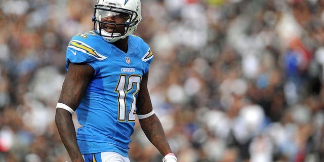 Oct 25, 2015; San Diego, CA, USA; San Diego Chargers wide receiver Jacoby Jones (12) looks on from the field during the second half of the game against the Oakland Raiders at Qualcomm Stadium. Oakland won 37-29. Mandatory Credit: Orlando Ramirez-USA TODAY Sports